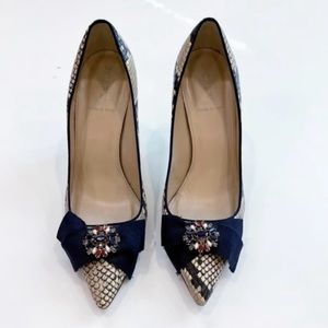 J Crew Elsie women black white snake print shoes blue bow with jewels size 11M